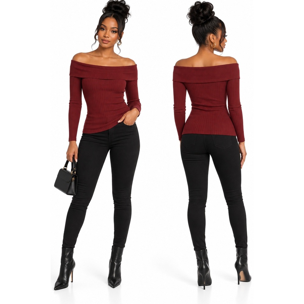 INC International Concepts Women XS Off-the-Shoulder Ribbed Sweater Red Slim Fit
